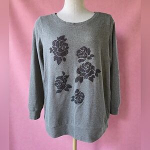 Michel Studio Gray Cotton Blend Sweatshirt with Beaded Floral Design